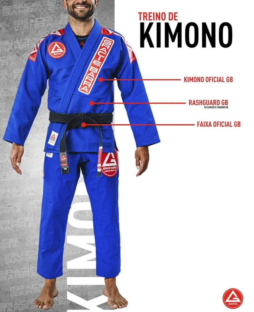 Uniforme para treino com kimono: Kimono oficial GB, Rashguard GB e Faixa oficial GB