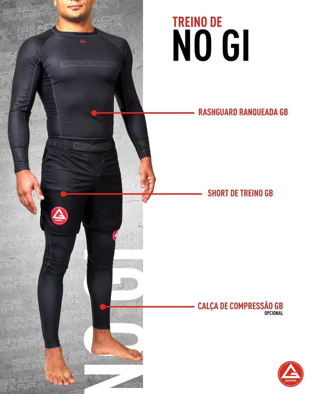 Uniforme para treino No-Gi: Rashguard ranqueada GB, Short de treino GB e Calça de compressão GB